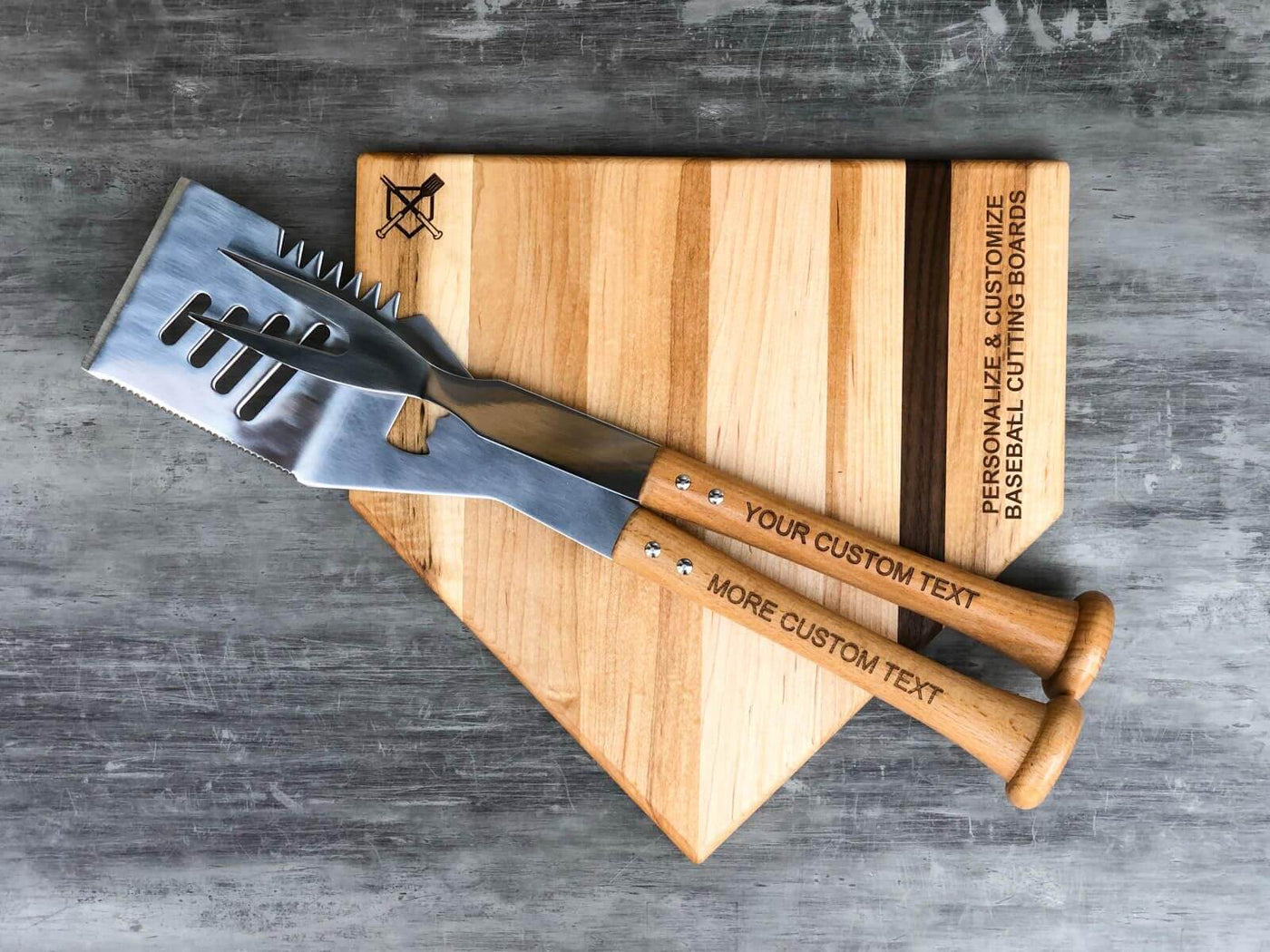 Baseball BBQ offers personalized laser engraving on our baseball grill tools and baseball-inspired hardwood cutting boards for the ultimate baseball fan gift.